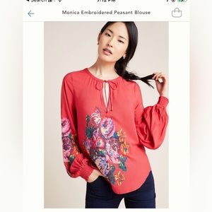 Anthropologie Monica Embroidered peasant blouse- XS RED